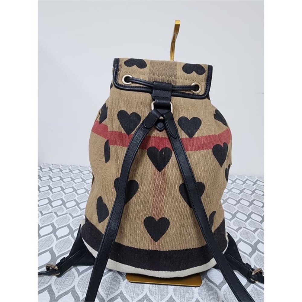 Authentic BURBERRY Leather Canvas Check Heart Print Backpack Bag Black/Beige - Picture 4 of 11